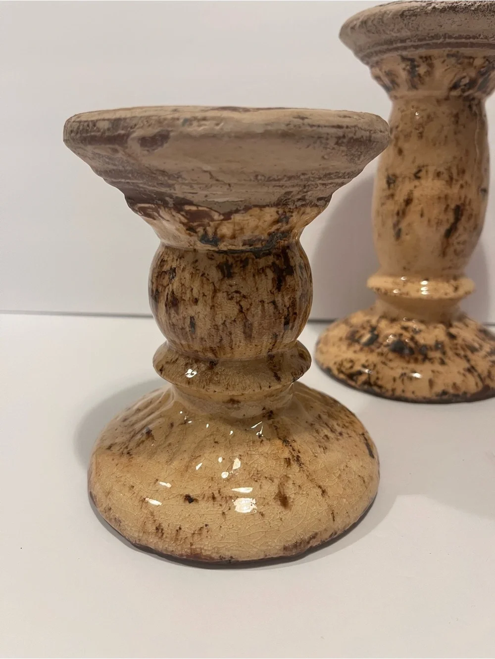 Vintage French Glazed Terracotta Pillar Candleholders Set of 3 Rare